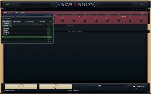 RackSanity plugin browser showing search, favorites, recents, and format filters