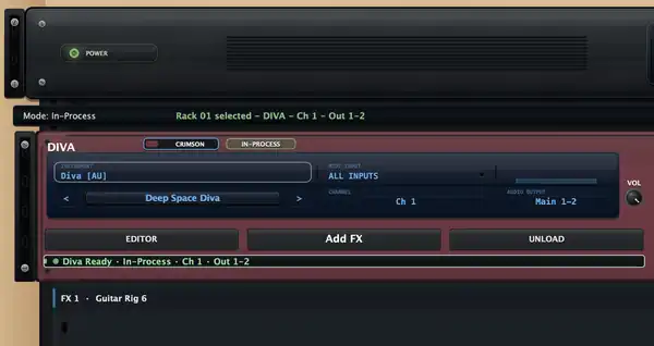 RackSanity slot controls showing instrument, MIDI input, channel, preset, output, and effects